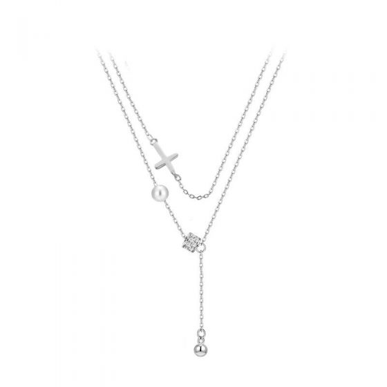 Shell Pearl Cross Necklace with CZ Tassels, 925 Sterling Silver