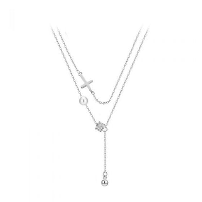 Shell Pearl Cross Necklace with CZ Tassels, 925 Sterling Silver