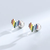 Rainbow Digital Heart 925 Sterling Silver Screw Stud Earrings