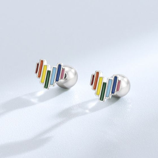 Rainbow Digital Heart 925 Sterling Silver Screw Stud Earrings