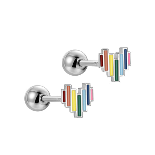 Rainbow Digital Heart 925 Sterling Silver Screw Stud Earrings