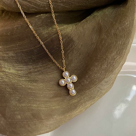 Shell Pearl Cross Necklace in 925 Sterling Silver