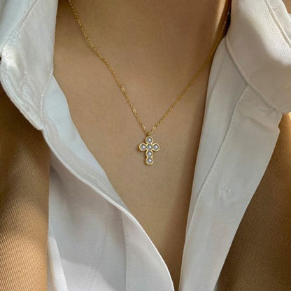 Shell Pearl Cross Necklace in 925 Sterling Silver
