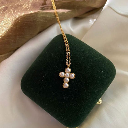 Shell Pearl Cross Necklace in 925 Sterling Silver