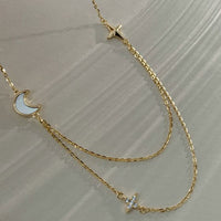 Double Layer Crystal Stars and Crescent Moon 925 Sterling Silver Necklace