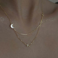 Double Layer Crystal Stars and Crescent Moon 925 Sterling Silver Necklace