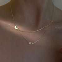 Double Layer Crystal Stars and Crescent Moon 925 Sterling Silver Necklace