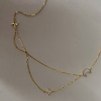 Double Layer Crystal Stars and Crescent Moon 925 Sterling Silver Necklace