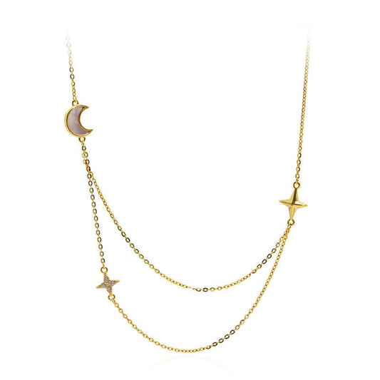 Double Layer CZ Stars and Crescent Moon 925 Sterling Silver Necklace