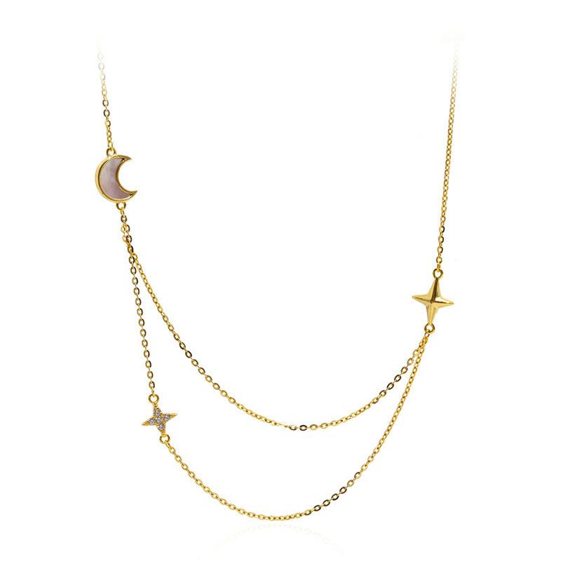 Double Layer Crystal Stars and Crescent Moon 925 Sterling Silver Necklace