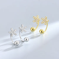Crystal Flower Barbell Screw Stud Earrings in 925 Sterling Silver