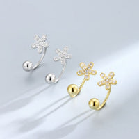 Crystal Flower Barbell Screw Stud Earrings in 925 Sterling Silver