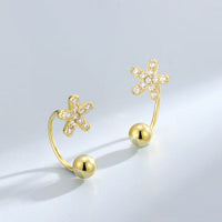 Crystal Flower Barbell Screw Stud Earrings in 925 Sterling Silver