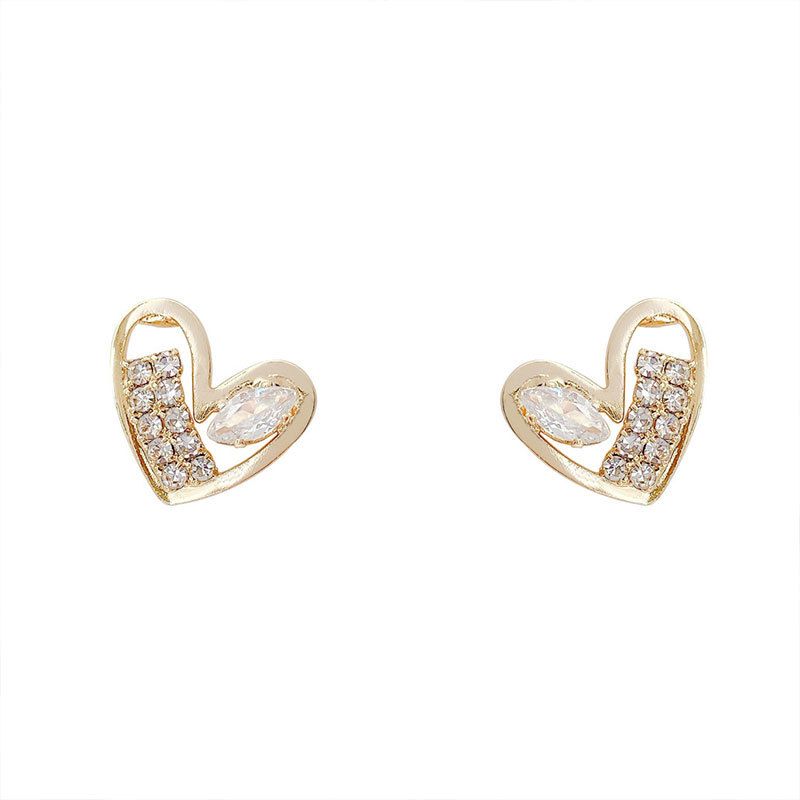 Anniversary Oval Crystal Hollow Heart 925 Sterling Silver Stud Earrings