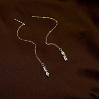 Rectangular Oval Crystal Tassel Threader Earrings, 925 Sterling Silver