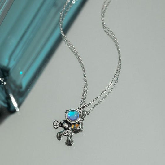 Created Moonstone Astronau Necklace in 925 Sterling Silver