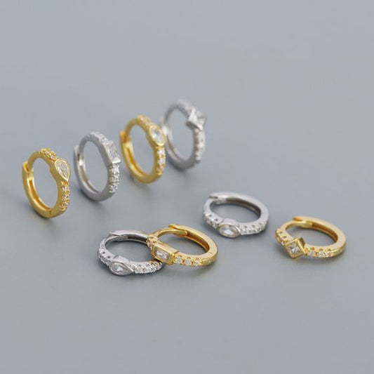Square-Oval Geometry CZ Huggie Hoop Earrings, 925 Sterling Silver