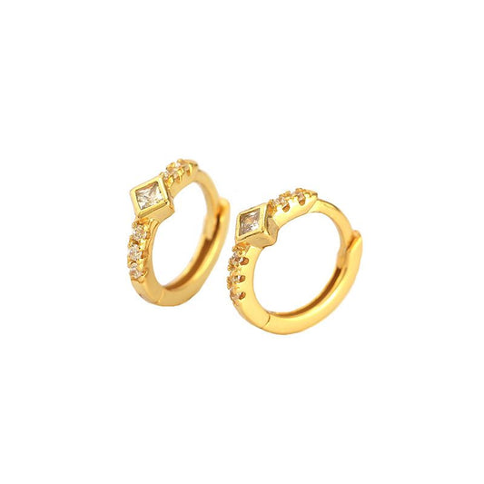 Square-Oval Geometry CZ Huggie Hoop Earrings, 925 Sterling Silver