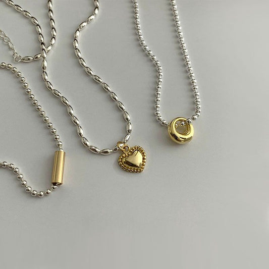 Classic Heart, Circle and Tube Bead Chain Necklace 925 Sterling Silver