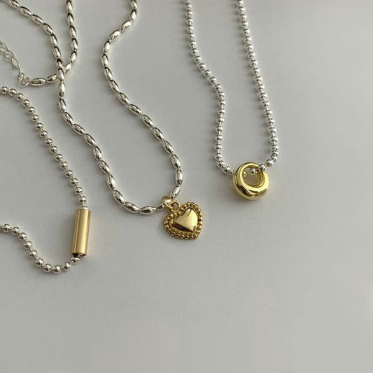 Classic Heart, Circle and Tube Bead Chain Necklace 925 Sterling Silver