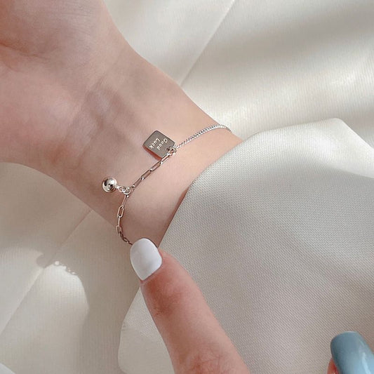 Good Luck Letter Tag Beads Curb Chain 925 Sterling Silver Bracelet