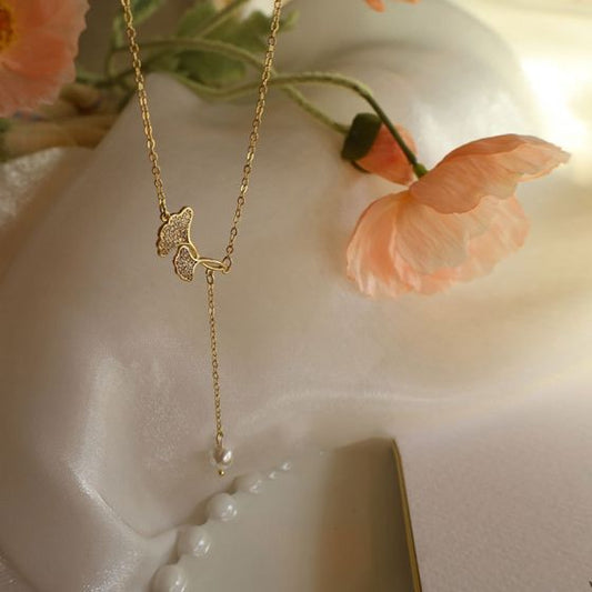 Ginkgo Leaf Shell Pearl Tassel Necklace, 925 Sterling Silver