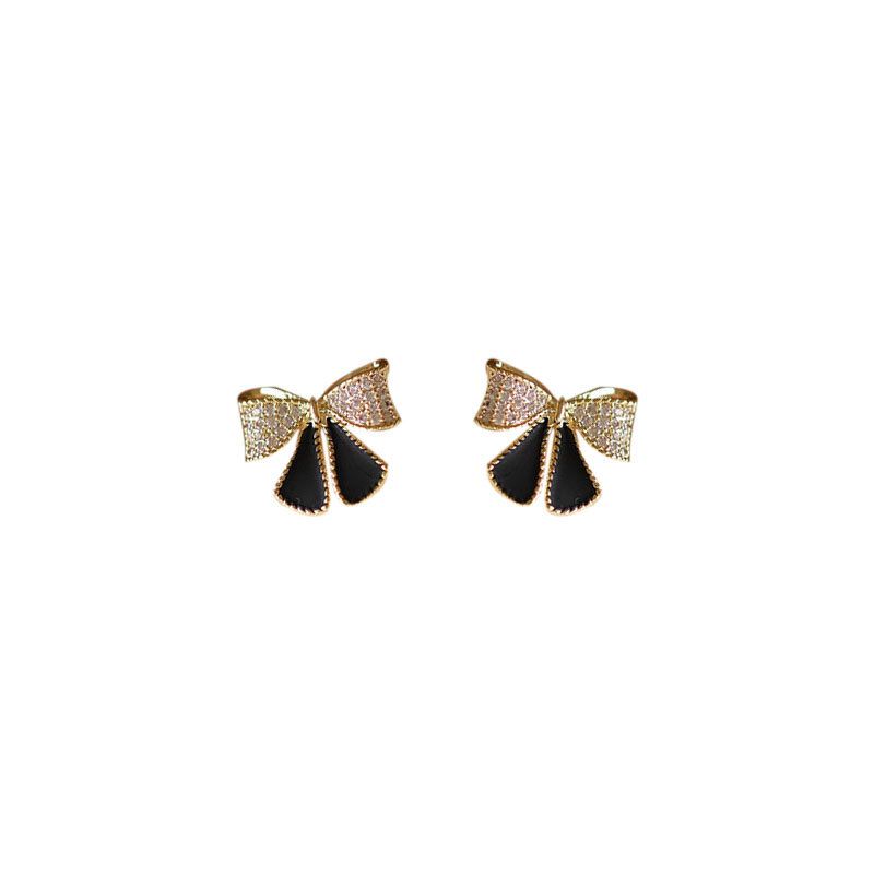 Black Crystal Bow-Knot 925 Sterling Silver Stud Earrings