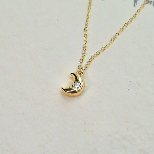 Crescent Moon CZ Necklace, 925 Sterling Silver