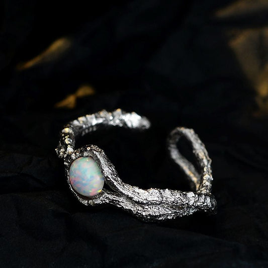 Created Opal Irregular Folding Adjustable 925 Sterling Silver Ring