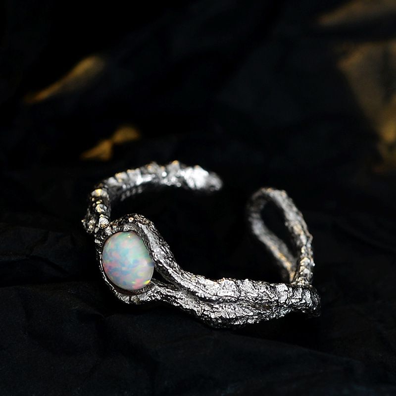 Created Opal Irregular Folding Adjustable 925 Sterling Silver Ring