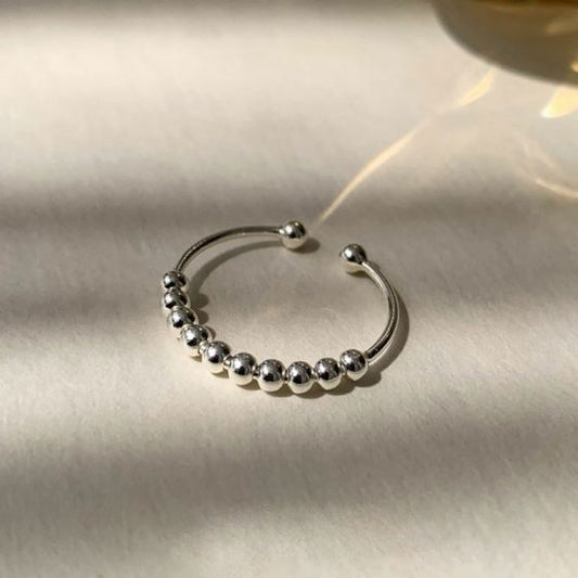 Simple Round Bead Adjustable Ring, 925 Sterling Silver