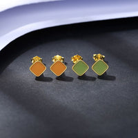 Rhombus Epoxy Stud Earrings in Green and Orange, 925 Sterling Silver