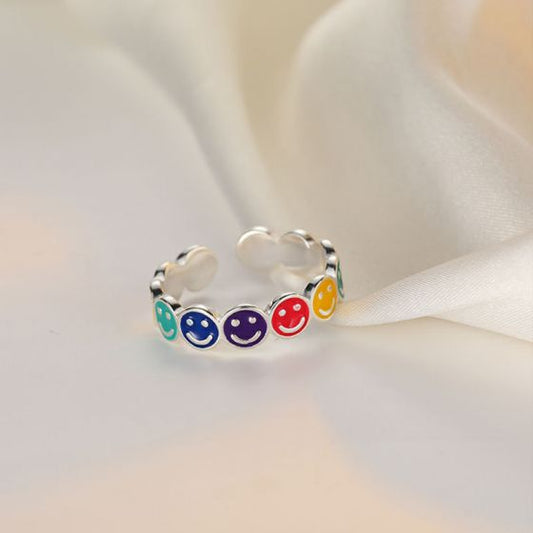 Rainbow Smile Face 925 Sterling Silver Adjustable Ring