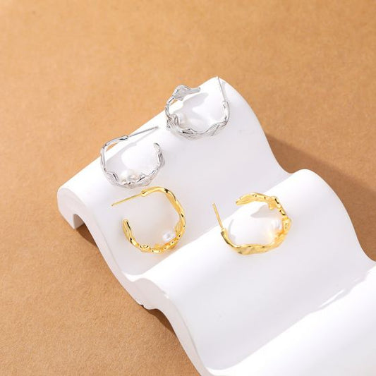 Natural Pearl Twisted Sterling Silver Hoop Earrings