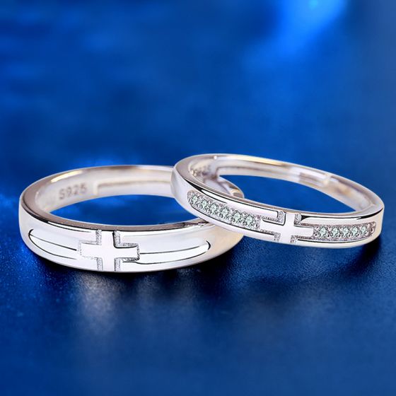Honey Moon CZ Cross Adjustable Sterling Silver Couple Ring