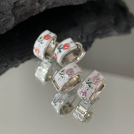 Graduation Tulip Flower 925 Sterling Silver Hoop Earrings