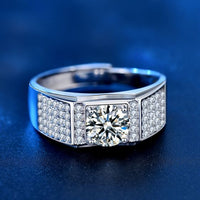 Men's Round 1ct Moissanite Crystal Wide 925 Sterling Adjustable Ring