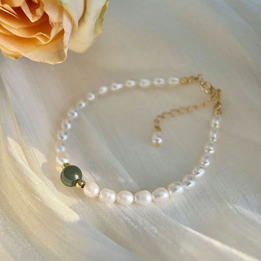 Created Jade and Shell Pearl 925 Sterling Silver Bracelet