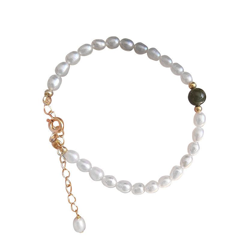 Created Jade and Shell Pearl 925 Sterling Silver Bracelet