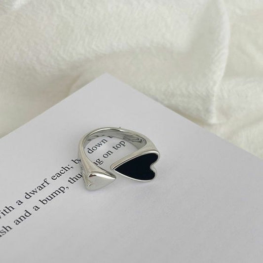 Black Heart Love 925 Sterling Silver Adjustable Ring