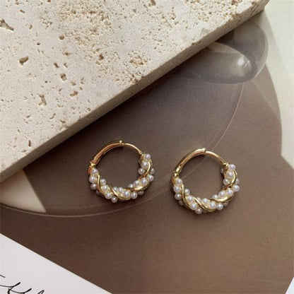 Mini Shell Pearl Twisted Cross Sterling Silver Hoop Earrings