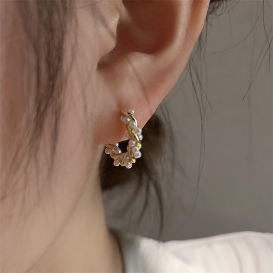 Mini Shell Pearl Twisted Cross Sterling Silver Hoop Earrings