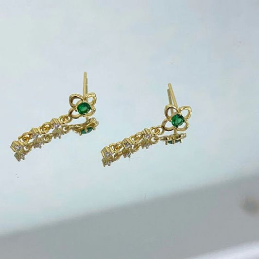 Green CZ Flower Chain Tassel Earrings