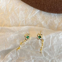 Green Crystal Flower Chain Tassel Earrings
