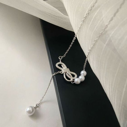Round Shell Pearl Bow-Knot 925 Sterling Silver Necklace
