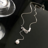 Round Shell Pearl Bow-Knot 925 Sterling Silver Necklace
