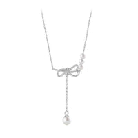 Round Shell Pearl Bow-Knot 925 Sterling Silver Necklace