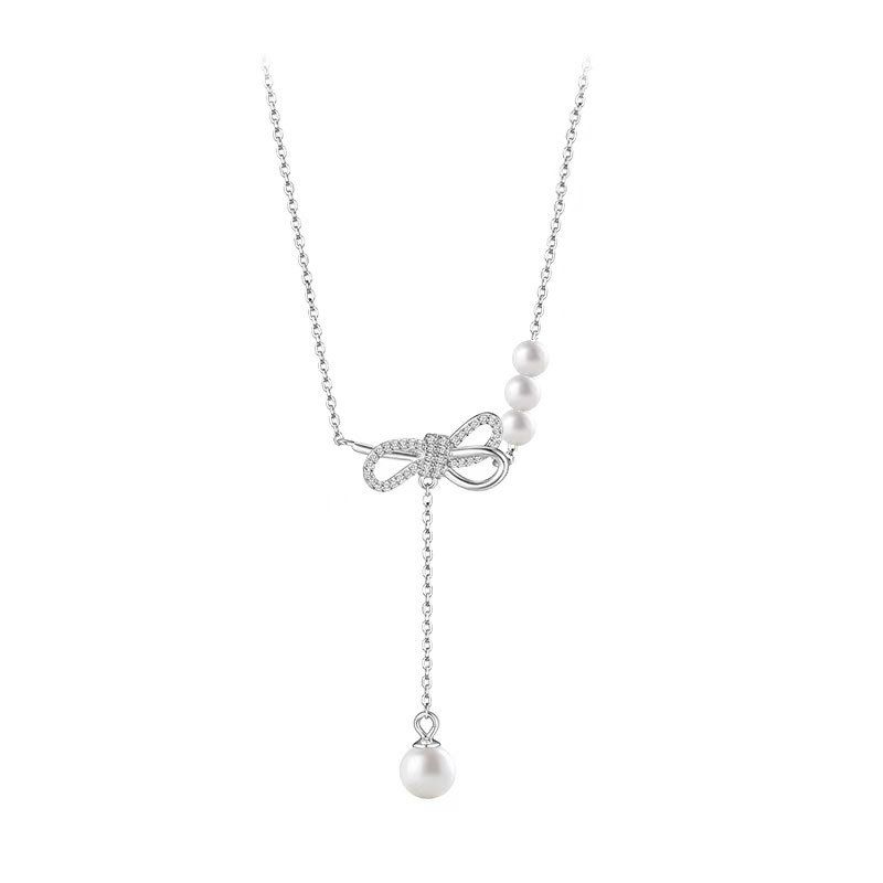 Round Shell Pearl Bow-Knot 925 Sterling Silver Necklace