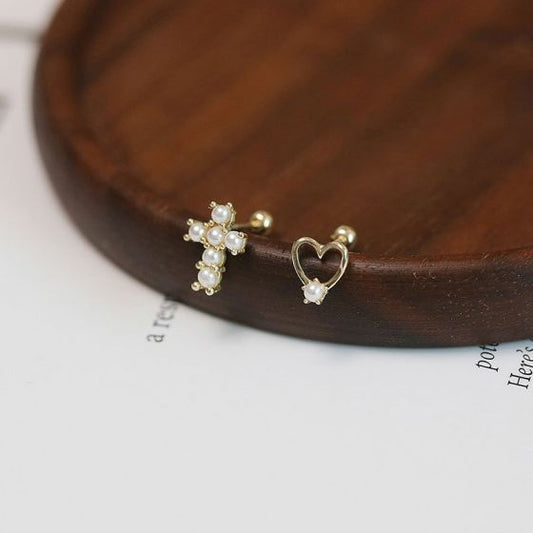 Asymmetry Shell Pearl Cross and Hollow Heart Stud Earrings