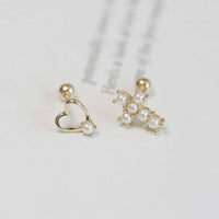 Asymmetry Shell Pearl Cross and Hollow Heart Stud Earrings